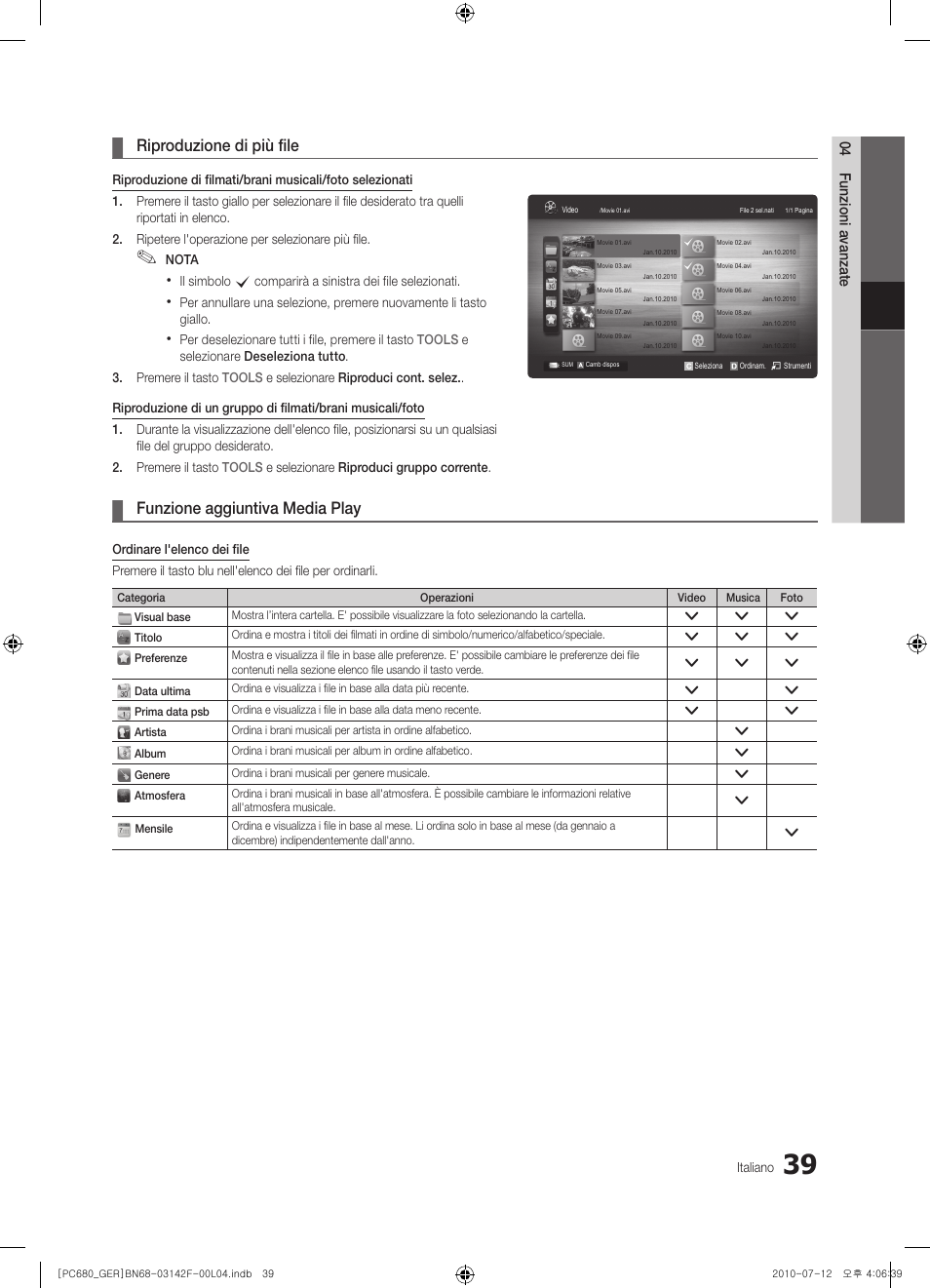 Riproduzione di più file, Funzione aggiuntiva media play | Samsung PS50C687G5S User Manual | Page 201 / 216