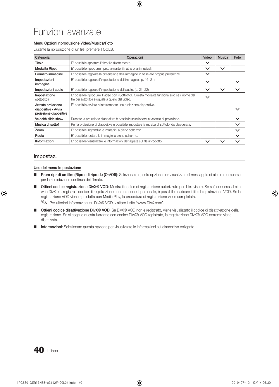 Funzioni avanzate, Impostaz | Samsung PS50C687G5S User Manual | Page 202 / 216