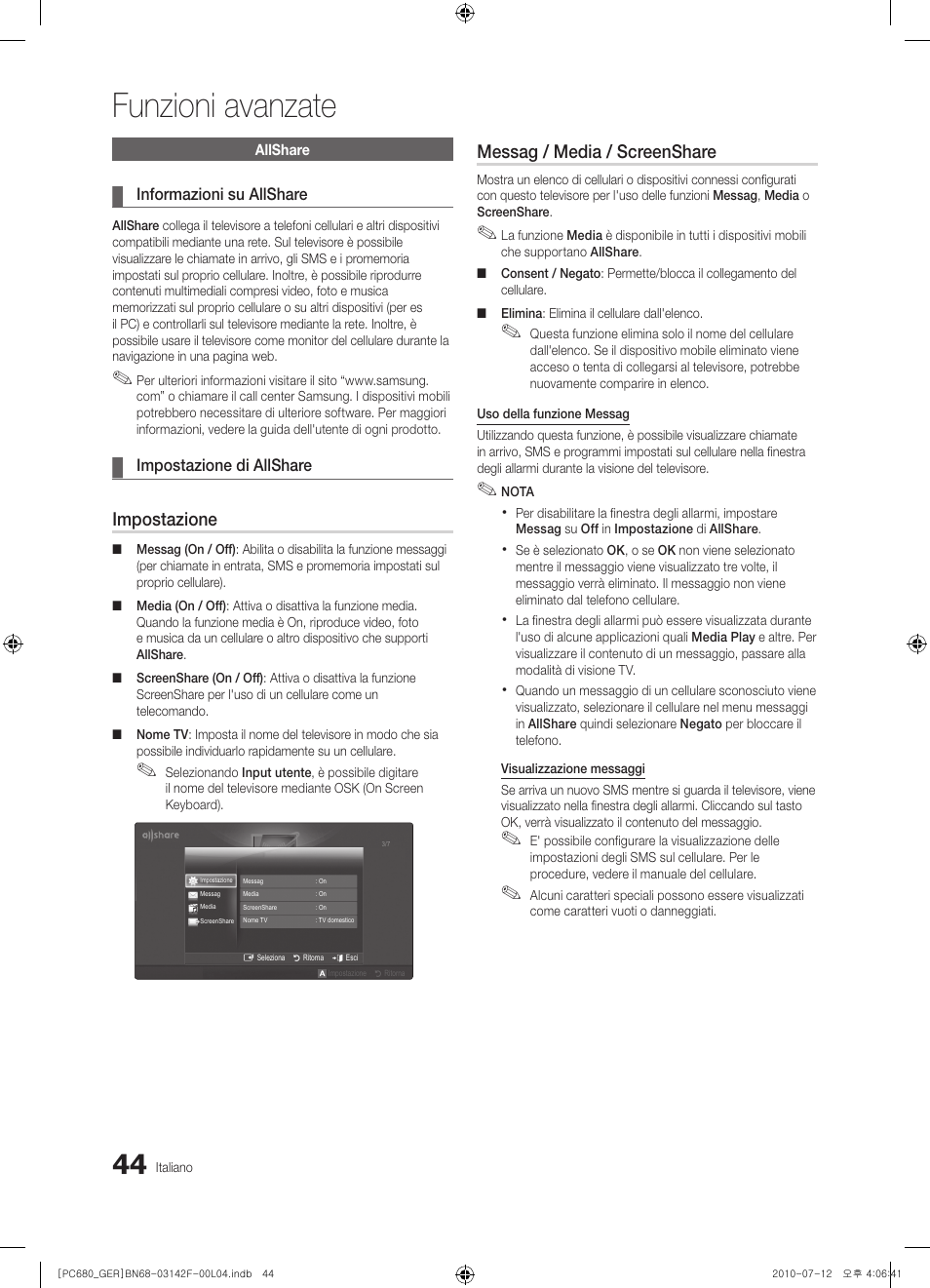 Funzioni avanzate, Impostazione, Messag / media / screenshare | Samsung PS50C687G5S User Manual | Page 206 / 216