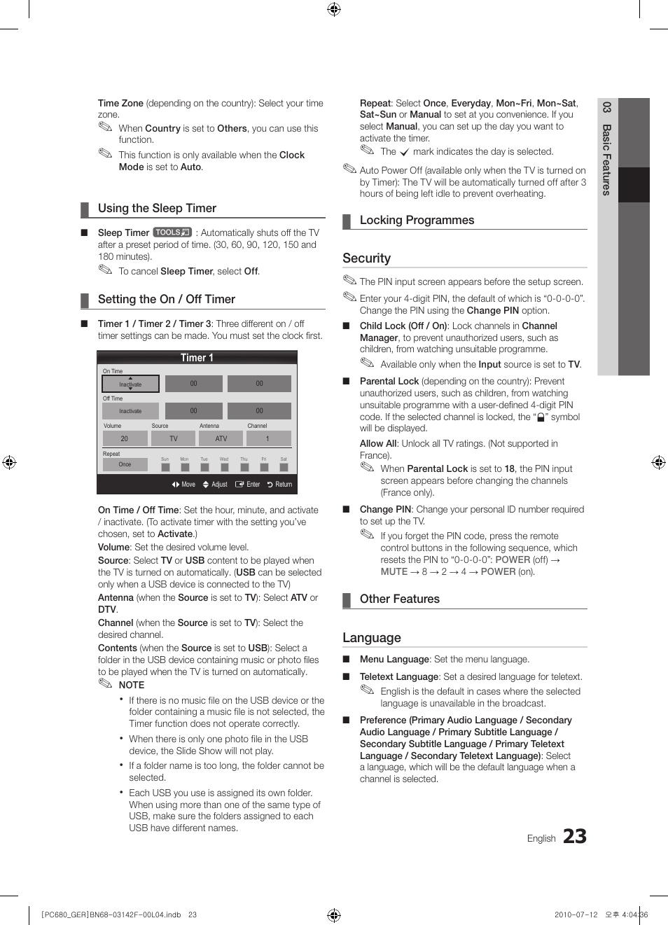 Security, Language | Samsung PS50C687G5S User Manual | Page 23 / 216