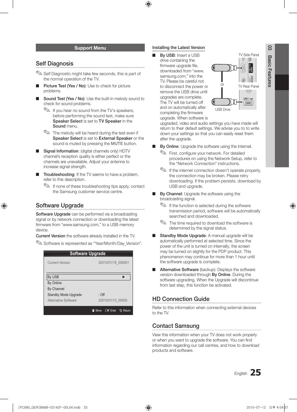Self diagnosis, Software upgrade, Hd connection guide | Contact samsung | Samsung PS50C687G5S User Manual | Page 25 / 216