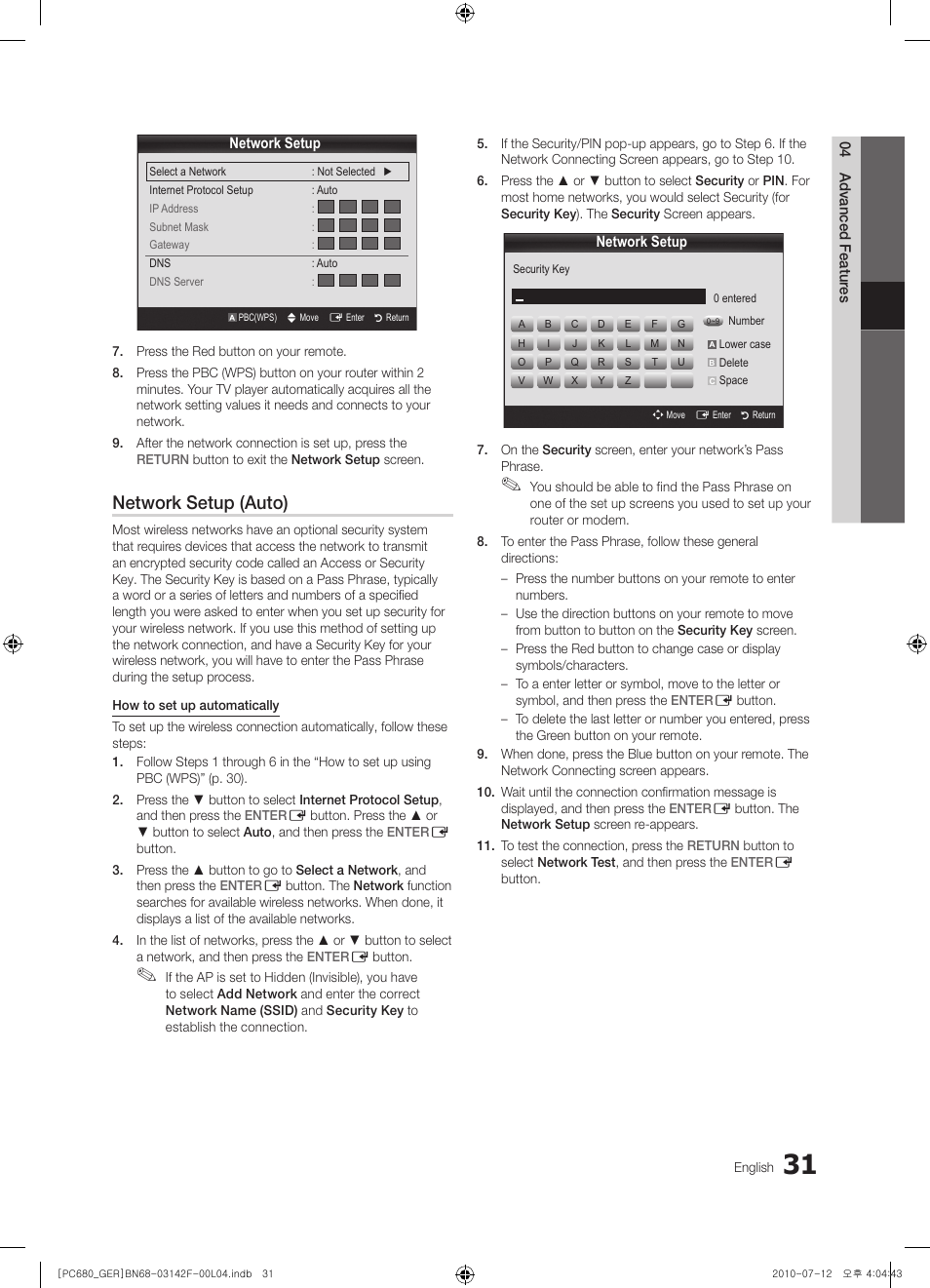 Network setup (auto) | Samsung PS50C687G5S User Manual | Page 31 / 216