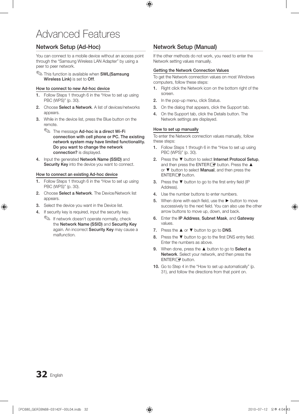 Advanced features, Network setup (ad-hoc), Network setup (manual) | Samsung PS50C687G5S User Manual | Page 32 / 216