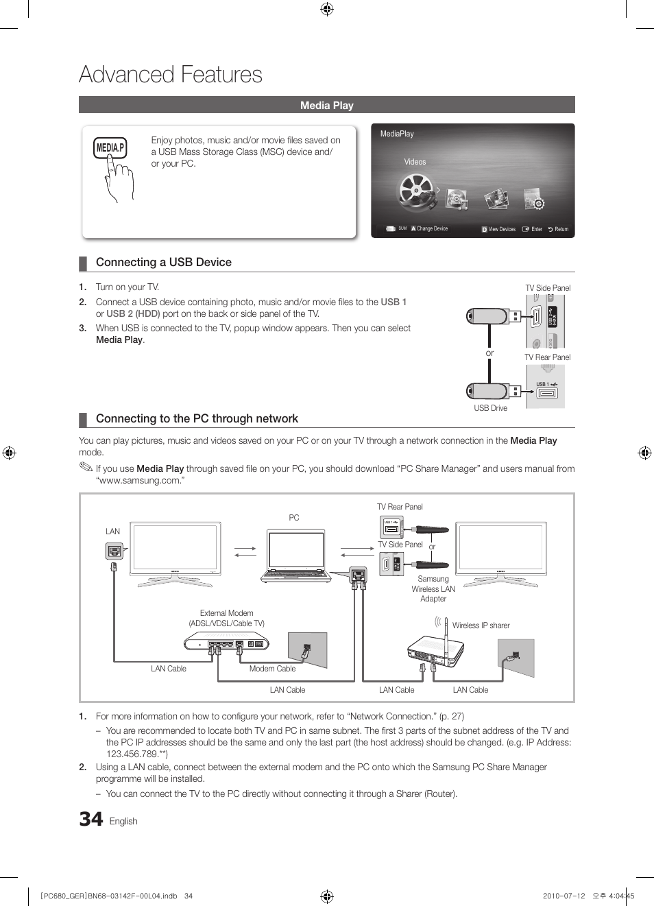 Advanced features, Connecting a usb device, Connecting to the pc through network | Samsung PS50C687G5S User Manual | Page 34 / 216