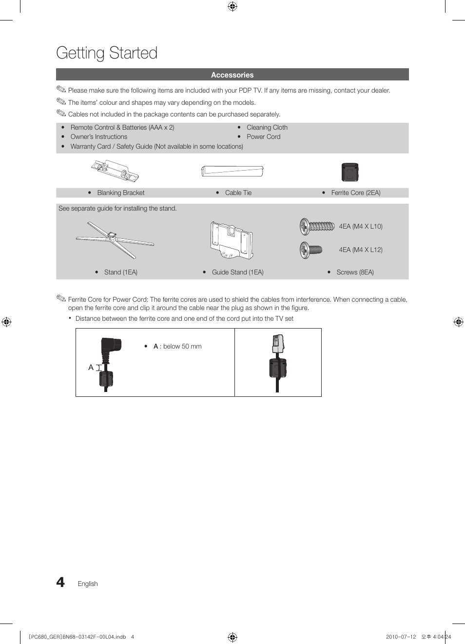 Getting started | Samsung PS50C687G5S User Manual | Page 4 / 216