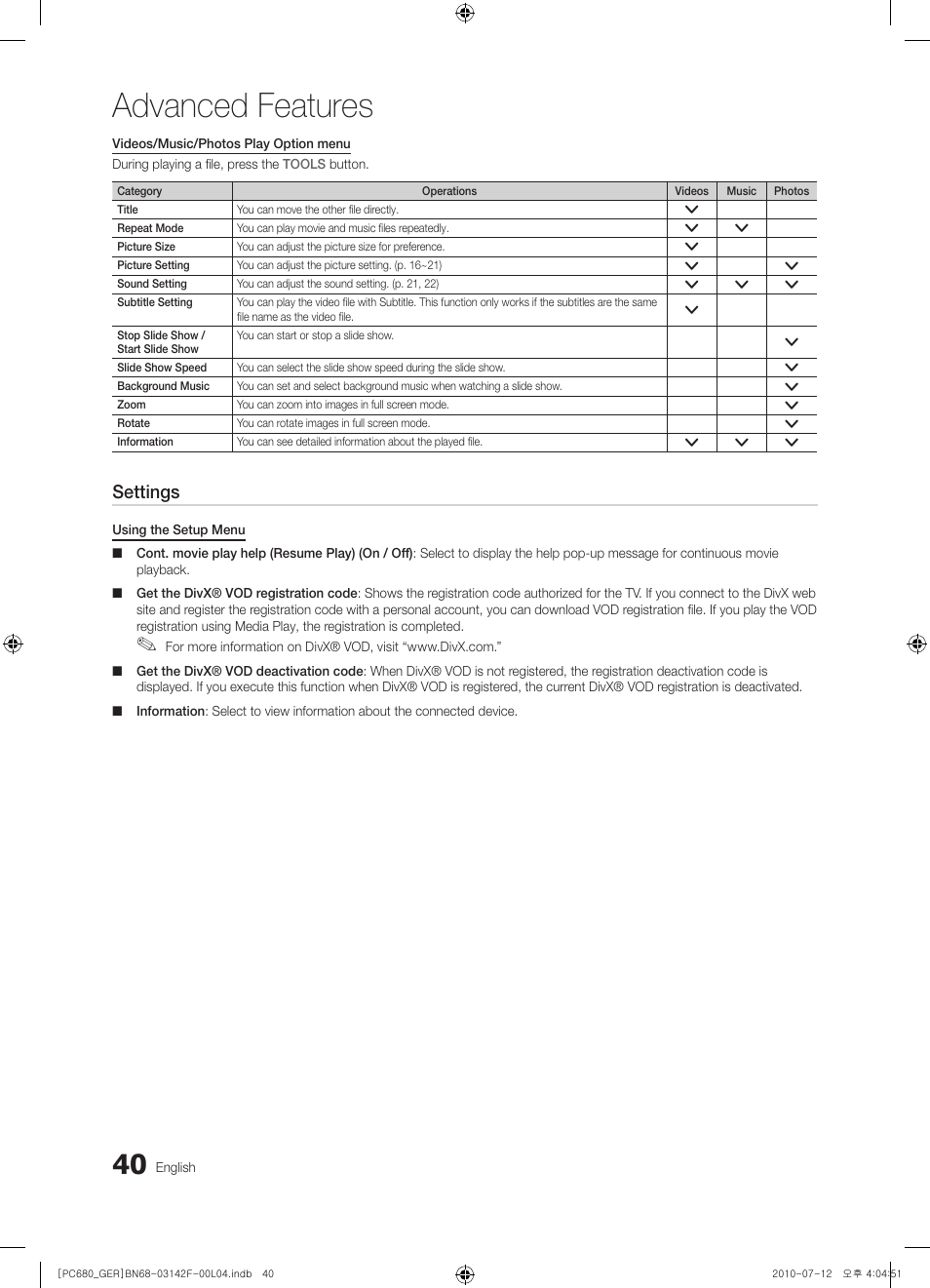 Advanced features, Settings | Samsung PS50C687G5S User Manual | Page 40 / 216