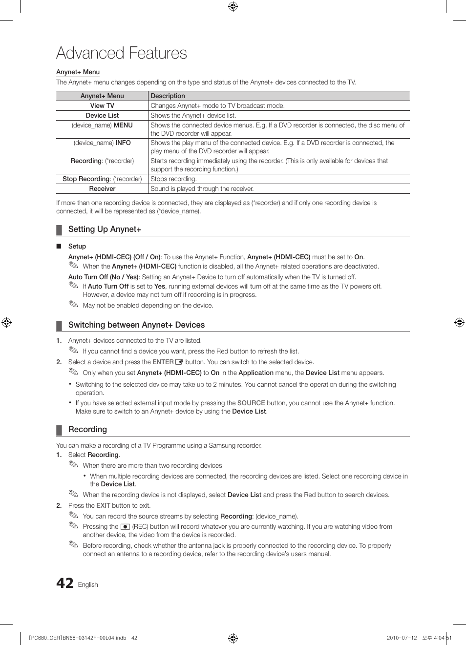 Advanced features | Samsung PS50C687G5S User Manual | Page 42 / 216
