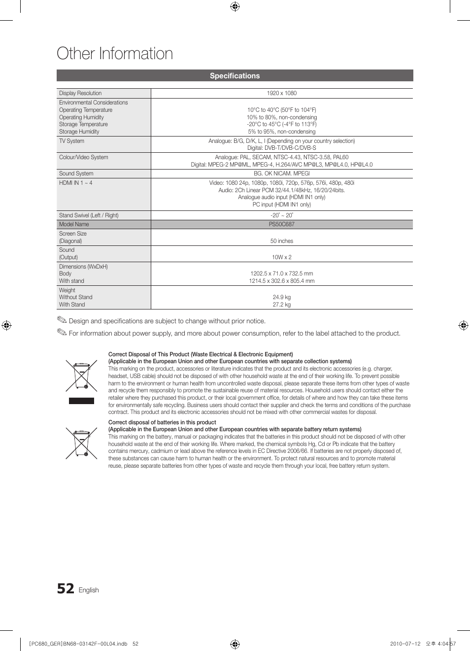 Other information | Samsung PS50C687G5S User Manual | Page 52 / 216