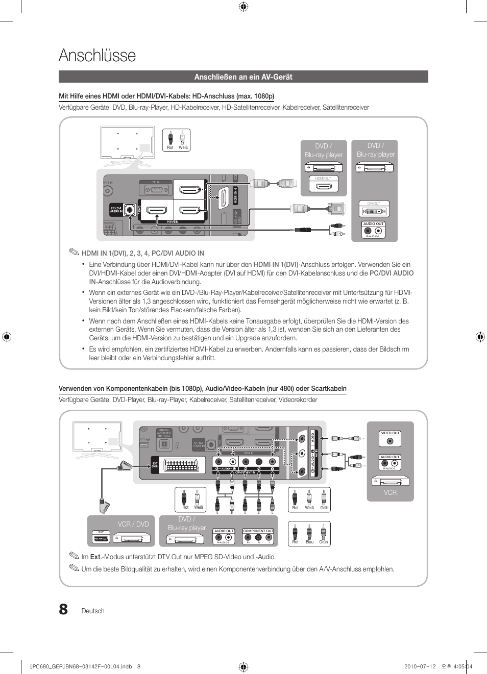 Anschlüsse, Anschließen an ein av-gerät, Deutsch | Hdmi in 1(dvi), 2, 3, 4, pc/dvi audio in, Vcr dvd / blu-ray player, Vcr / dvd, Dvd / blu-ray player dvd / blu-ray player | Samsung PS50C687G5S User Manual | Page 62 / 216