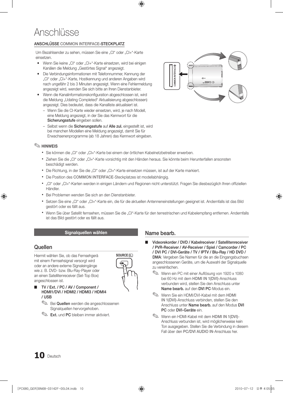 Anschlüsse | Samsung PS50C687G5S User Manual | Page 64 / 216