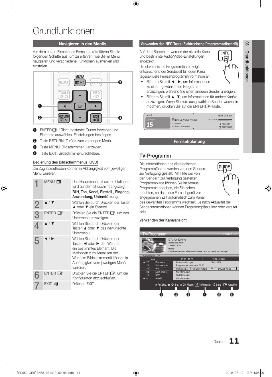 Grundfunktionen, Tv-programm | Samsung PS50C687G5S User Manual | Page 65 / 216