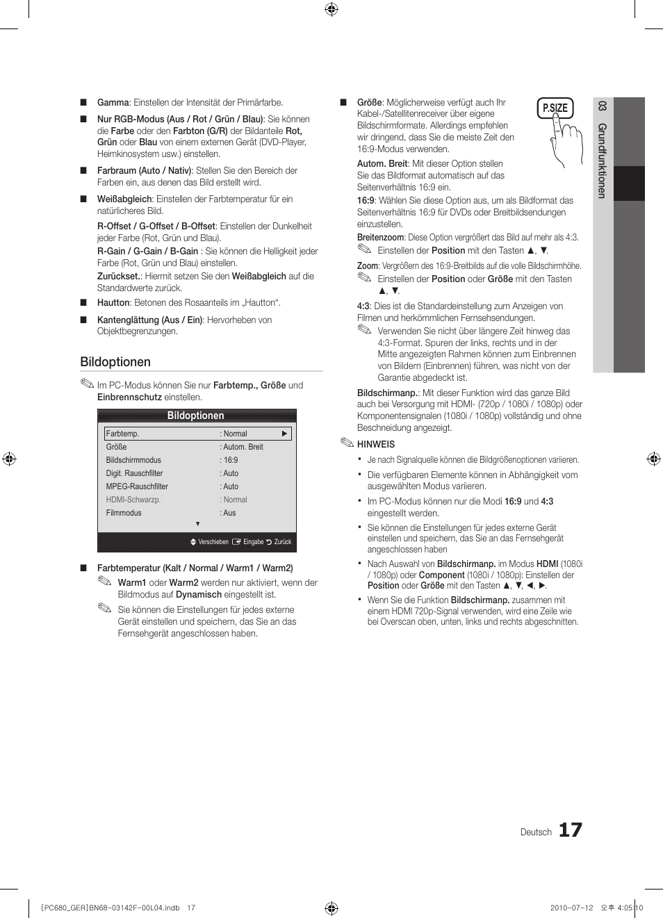 Bildoptionen | Samsung PS50C687G5S User Manual | Page 71 / 216
