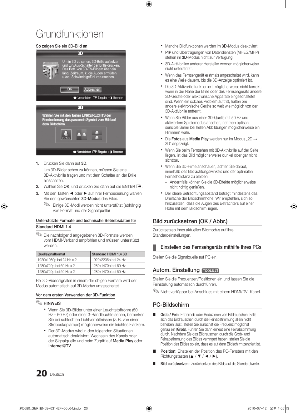 Grundfunktionen, Bild zurücksetzen (ok / abbr.), Autom. einstellung | Pc-bildschirm | Samsung PS50C687G5S User Manual | Page 74 / 216