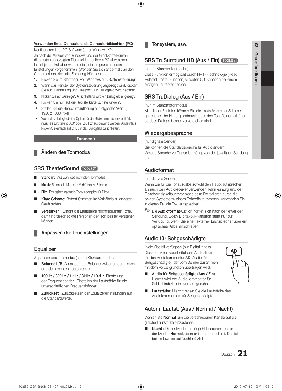 Srs theatersound, Equalizer, Srs trusurround hd (aus / ein) | Srs trudialog (aus / ein), Wiedergabesprache, Audioformat, Audio für sehgeschädigte, Autom. lautst. (aus / normal / nacht) | Samsung PS50C687G5S User Manual | Page 75 / 216