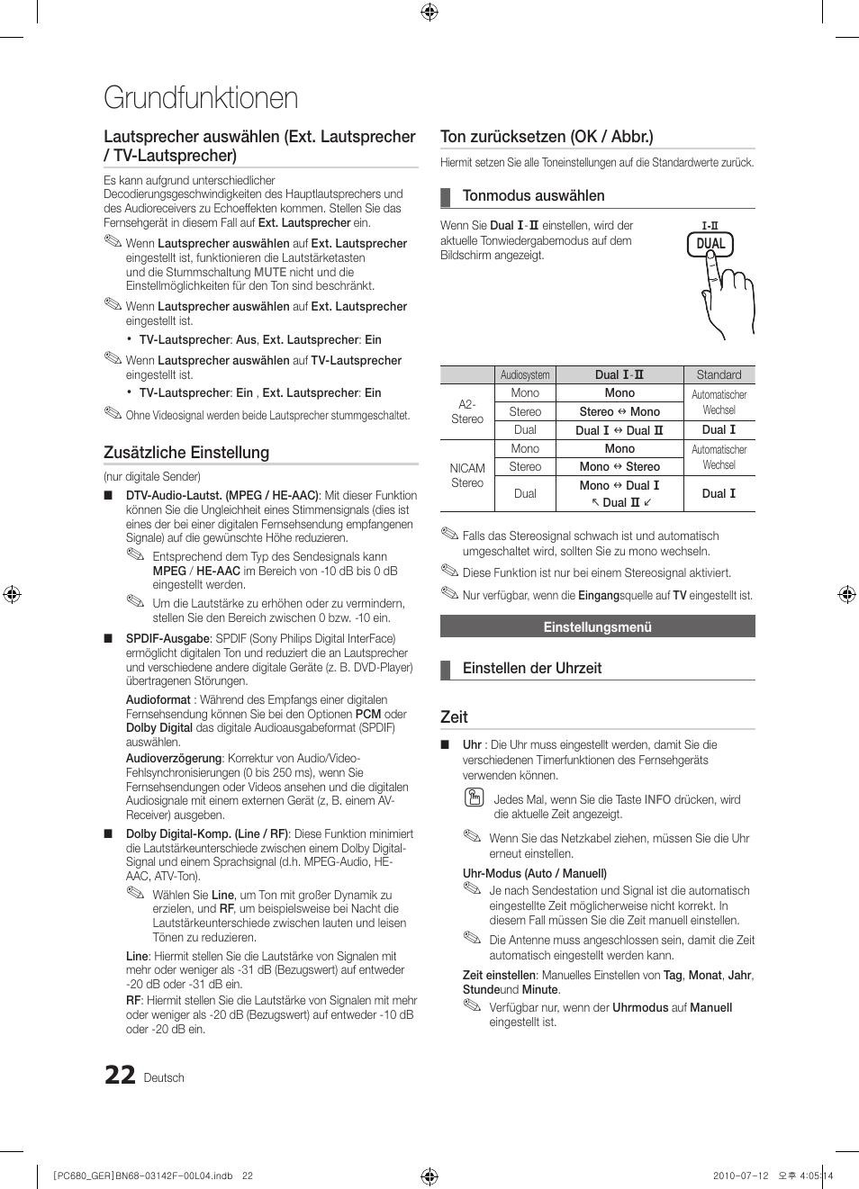 Grundfunktionen, Zusätzliche einstellung, Ton zurücksetzen (ok / abbr.) | Zeit | Samsung PS50C687G5S User Manual | Page 76 / 216