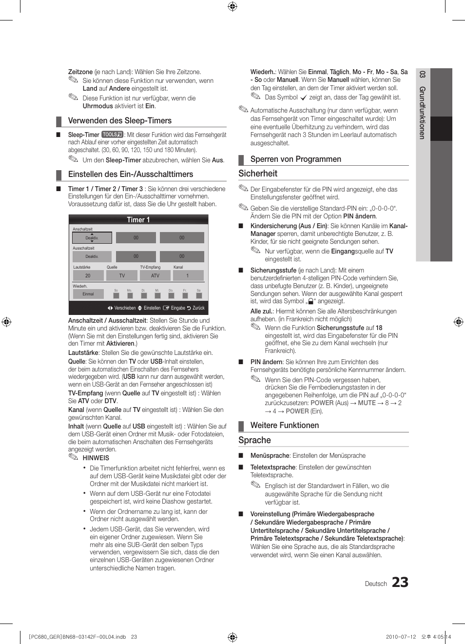 Sicherheit, Sprache | Samsung PS50C687G5S User Manual | Page 77 / 216