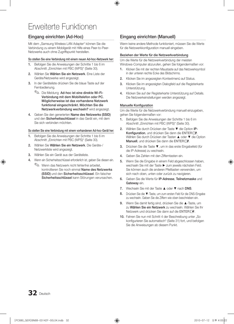 Erweiterte funktionen, Eingang einrichten (ad-hoc), Eingang einrichten (manuell) | Samsung PS50C687G5S User Manual | Page 86 / 216