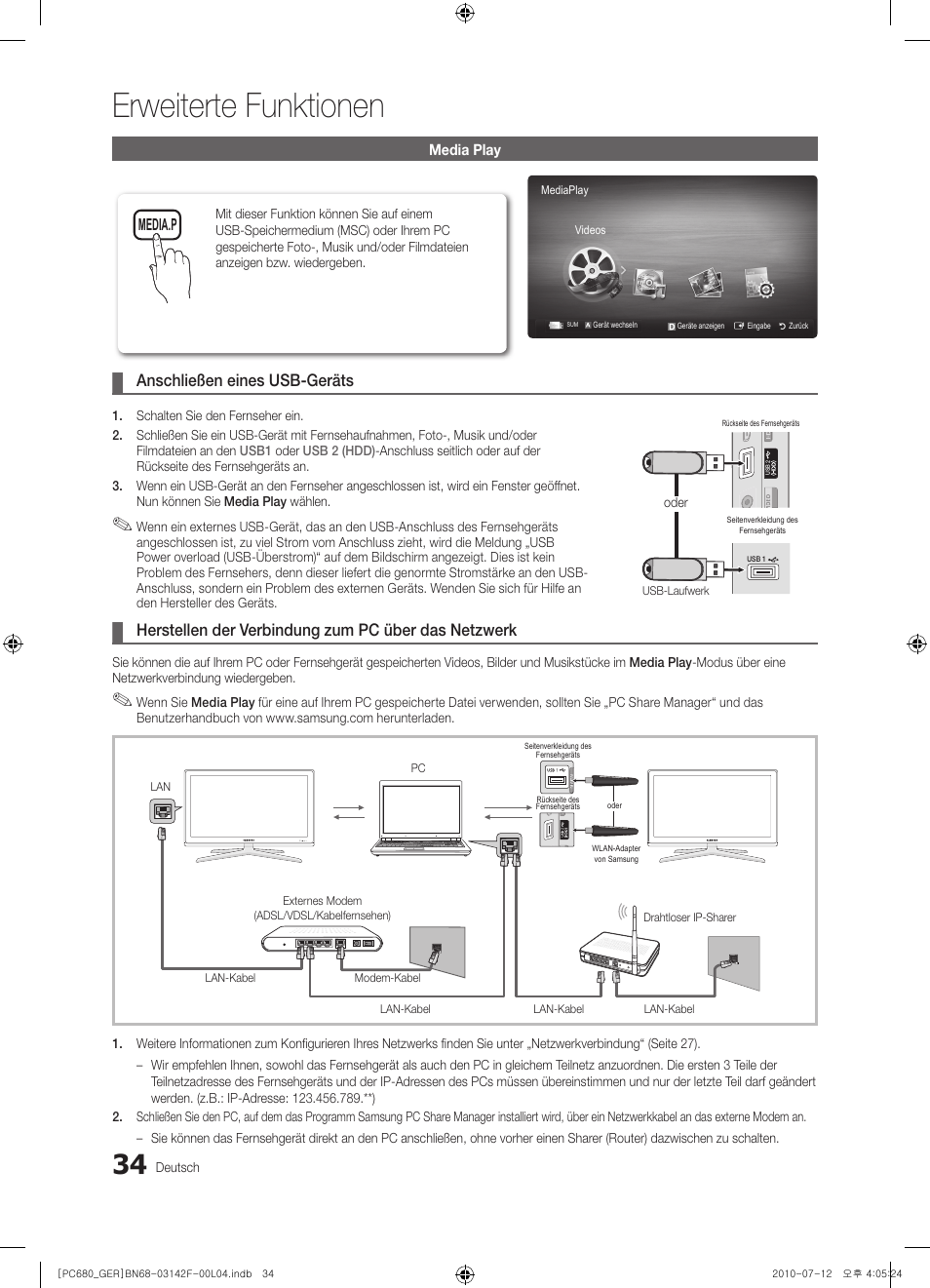 Erweiterte funktionen, Anschließen eines usb-geräts, Herstellen der verbindung zum pc über das netzwerk | Samsung PS50C687G5S User Manual | Page 88 / 216