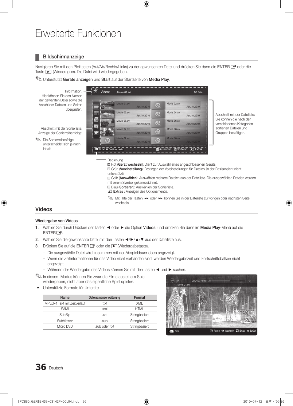 Erweiterte funktionen, Videos, Bildschirmanzeige | Samsung PS50C687G5S User Manual | Page 90 / 216