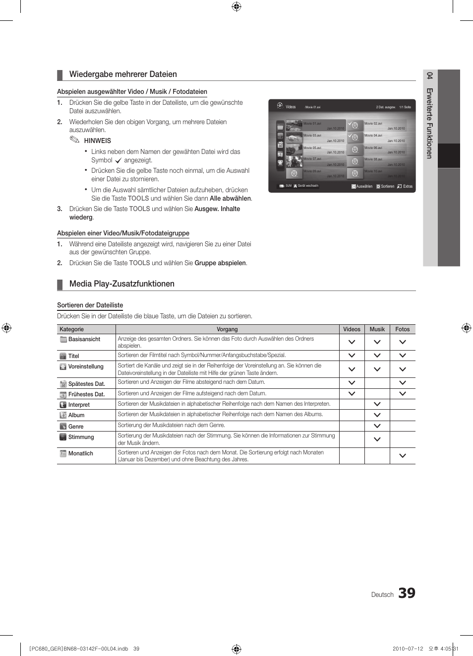 Wiedergabe mehrerer dateien, Media play-zusatzfunktionen | Samsung PS50C687G5S User Manual | Page 93 / 216