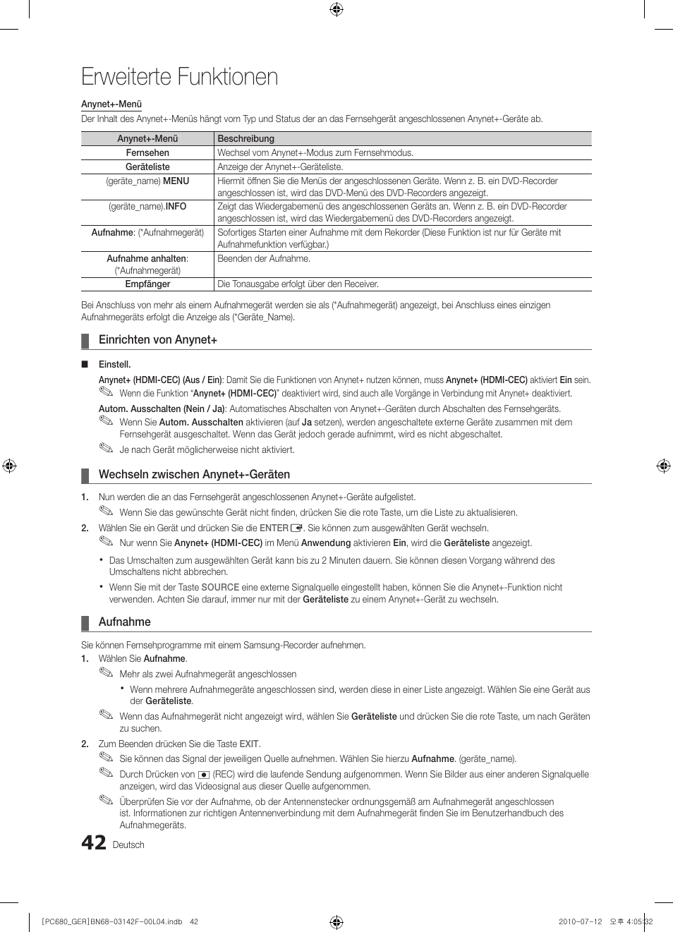 Erweiterte funktionen | Samsung PS50C687G5S User Manual | Page 96 / 216