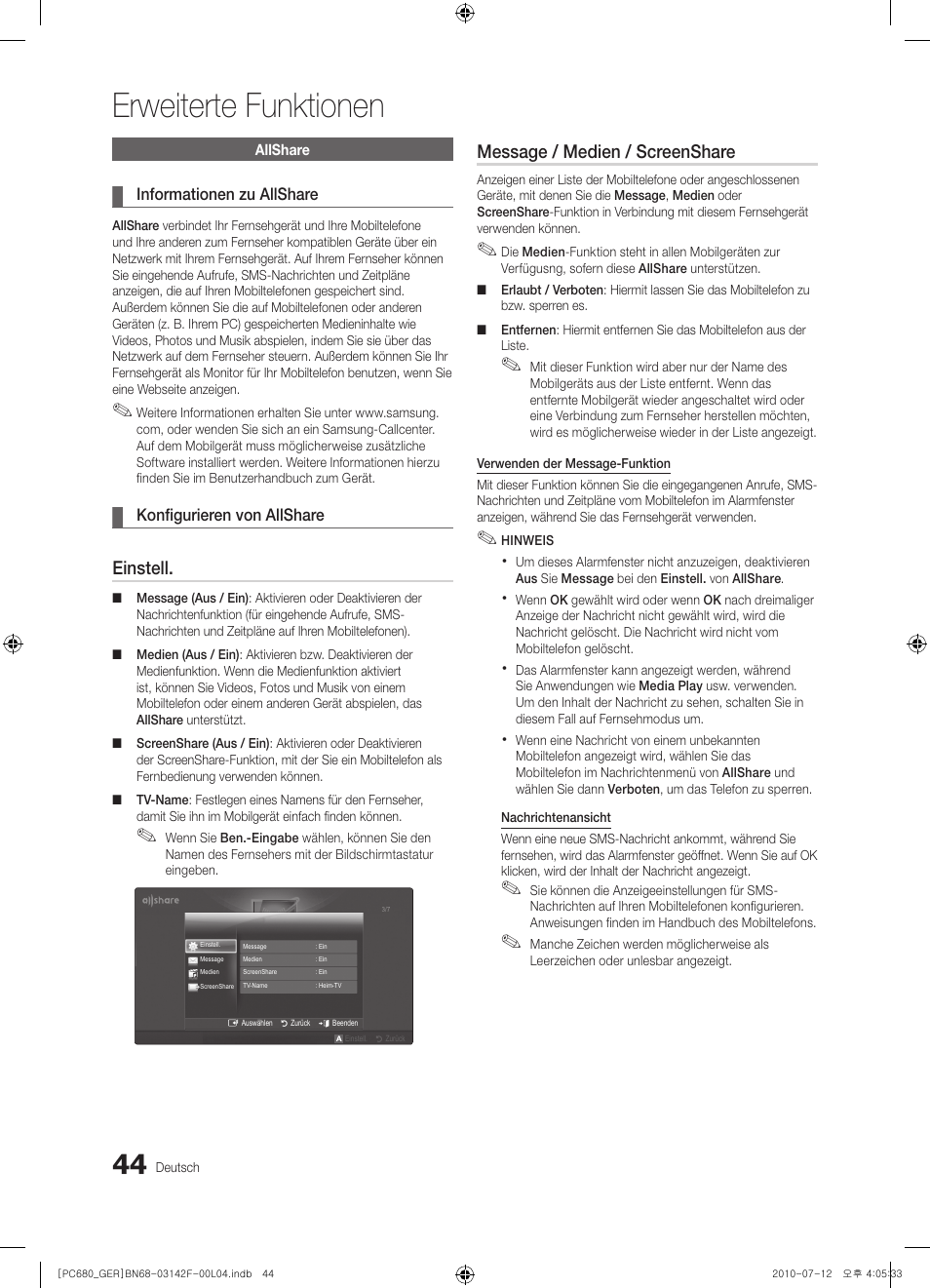 Erweiterte funktionen, Einstell, Message / medien / screenshare | Samsung PS50C687G5S User Manual | Page 98 / 216