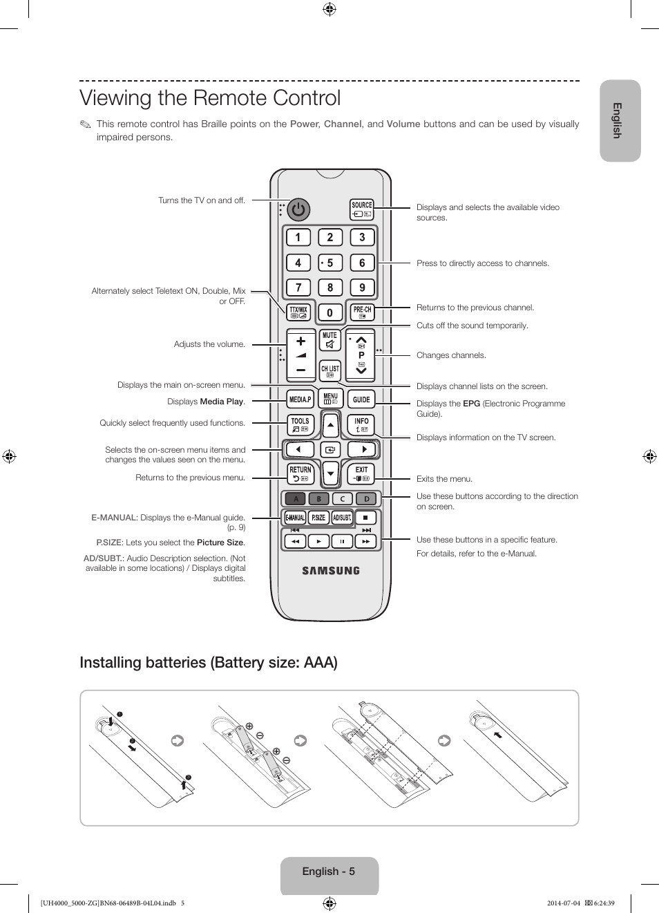 Viewing the remote control, Installing batteries (battery size: aaa) | Samsung UE48H5090AS User Manual | Page 5 / 89