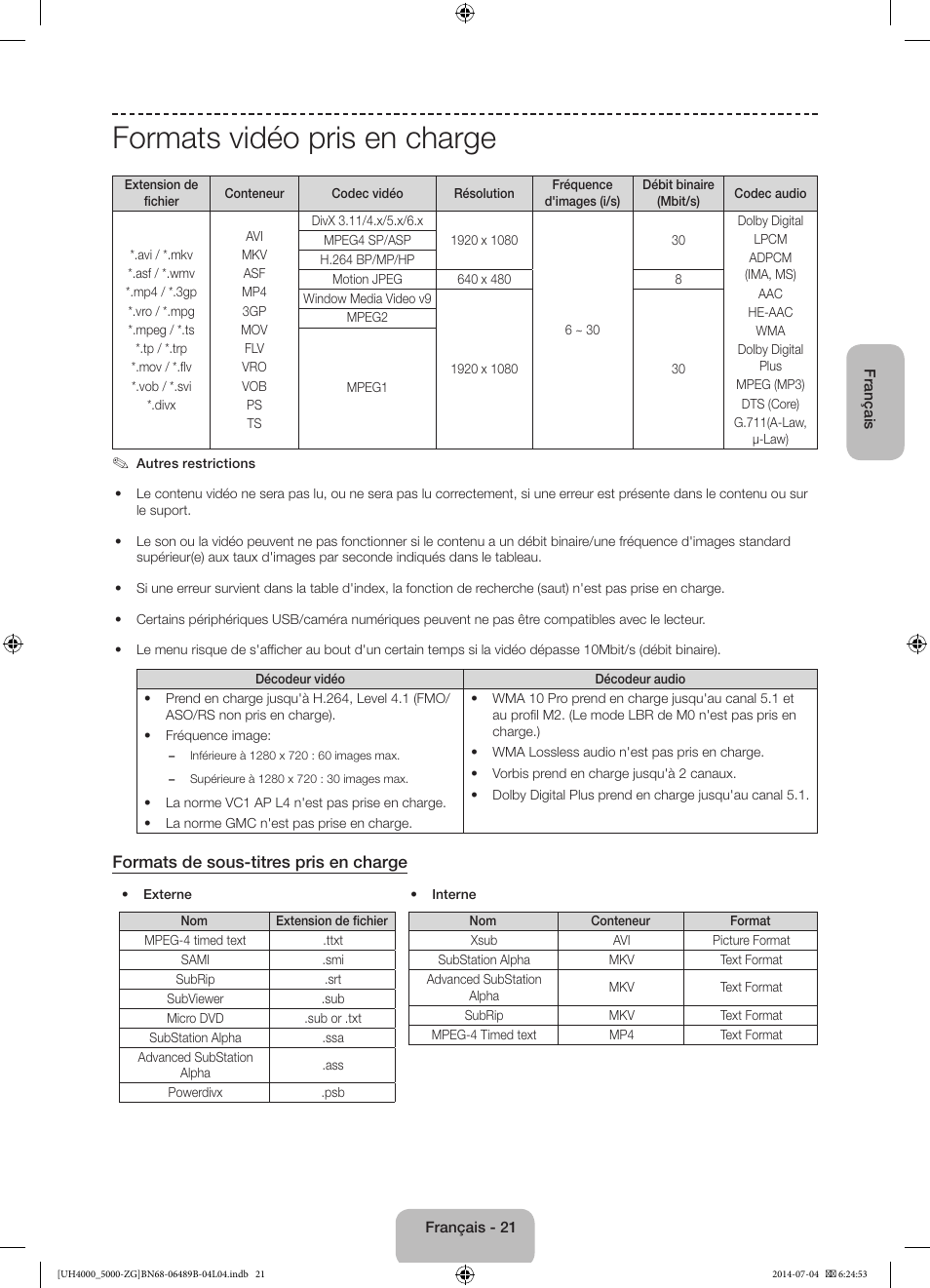 Formats vidéo pris en charge, Formats de sous-titres pris en charge | Samsung UE48H5090AS User Manual | Page 65 / 89