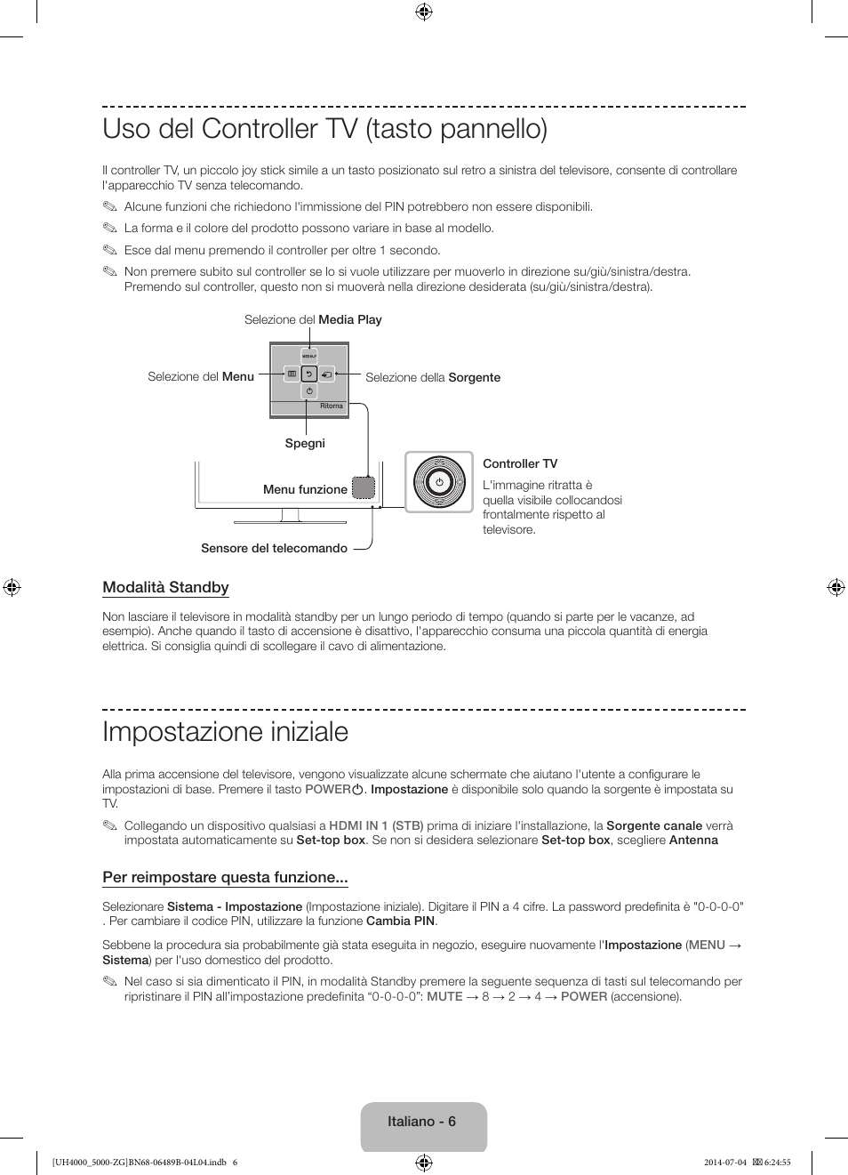 Uso del controller tv (tasto pannello), Impostazione iniziale | Samsung UE48H5090AS User Manual | Page 72 / 89