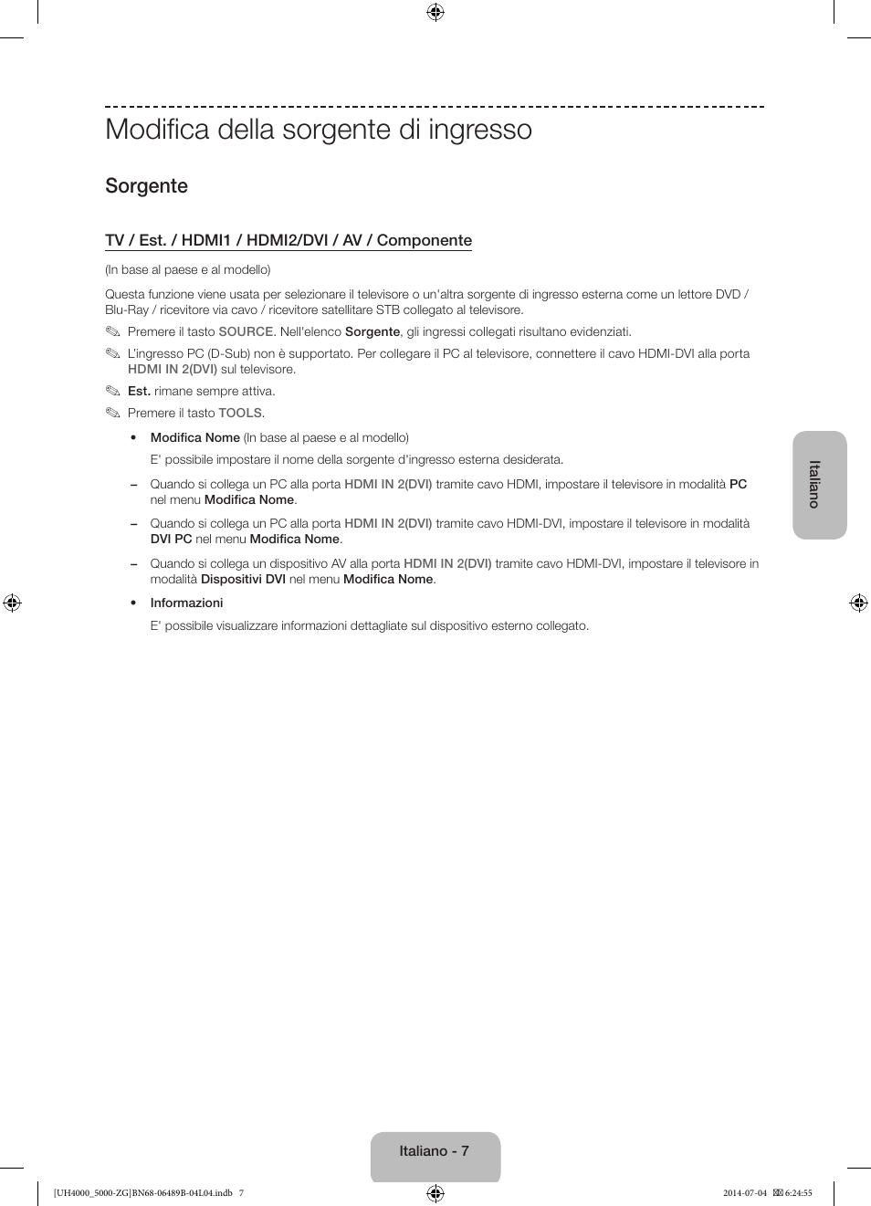 Modifica della sorgente di ingresso, Sorgente | Samsung UE48H5090AS User Manual | Page 73 / 89