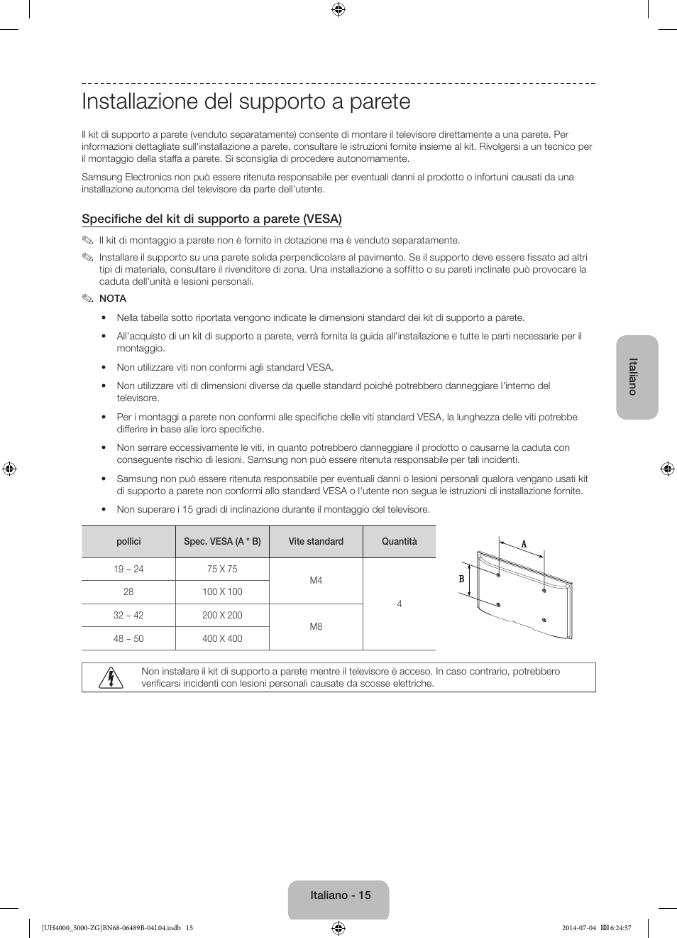 Installazione del supporto a parete | Samsung UE48H5090AS User Manual | Page 81 / 89