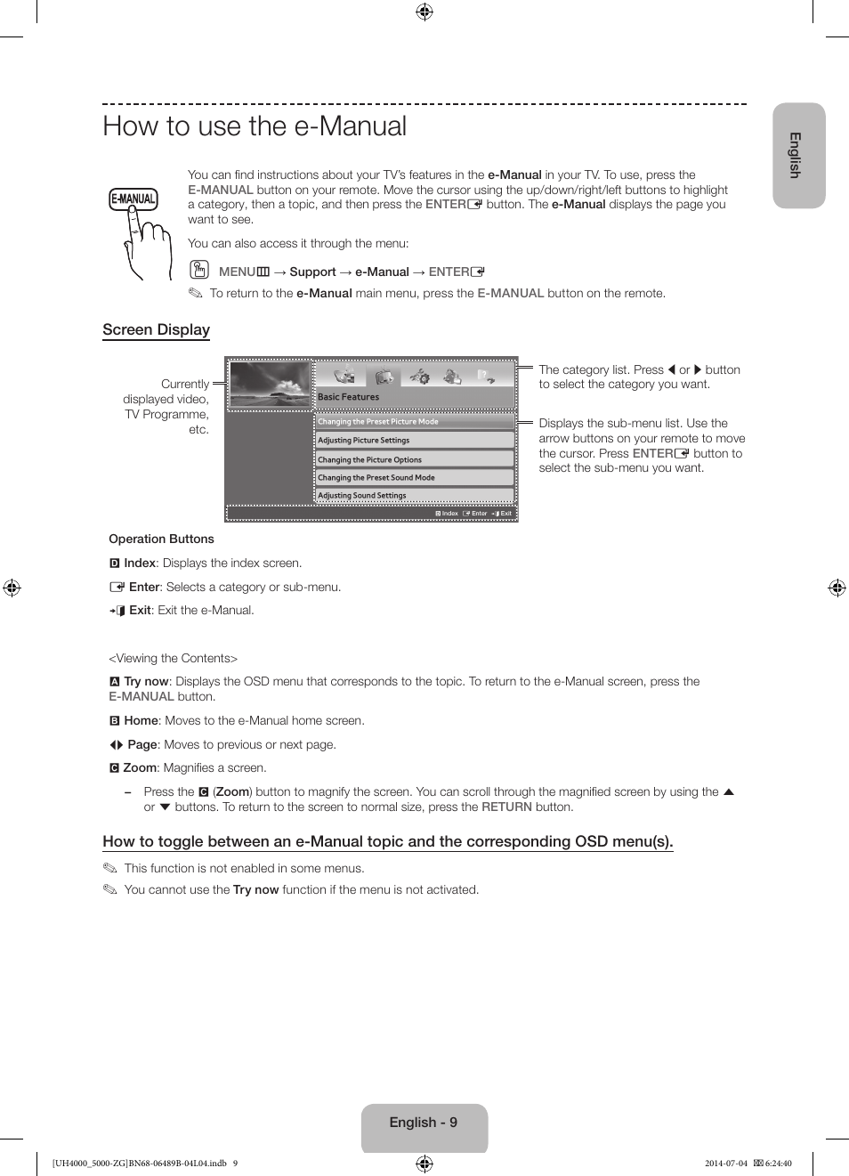 How to use the e-manual, Screen display | Samsung UE48H5090AS User Manual | Page 9 / 89