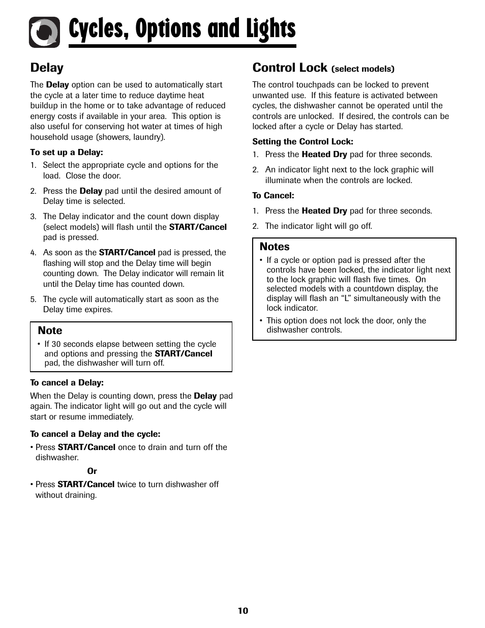 Cycles, options and lights, Delay, Control lock | Amana ADB-2 User Manual | Page 11 / 48