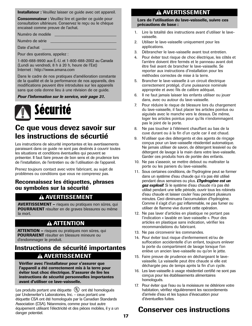 Sécurité, Conserver ces instructions, Instructions de sécurité importantes | Avertissement, Attention | Amana ADB-2 User Manual | Page 18 / 48