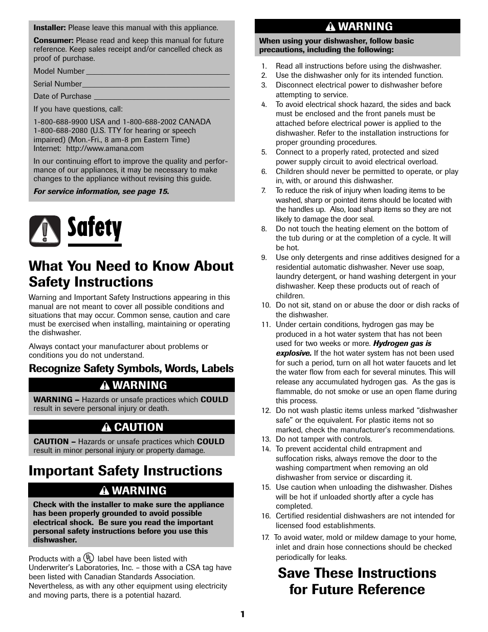 Safety, What you need to know about safety instructions, Save these instructions for future reference | Important safety instructions, Warning, Caution, Recognize safety symbols, words, labels | Amana ADB-2 User Manual | Page 2 / 48