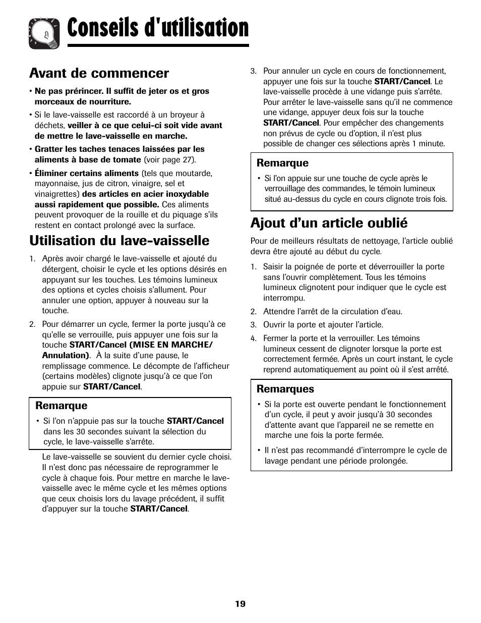Conseils d'utilisation, Avant de commencer, Utilisation du lave-vaisselle | Ajout d’un article oublié | Amana ADB-2 User Manual | Page 20 / 48