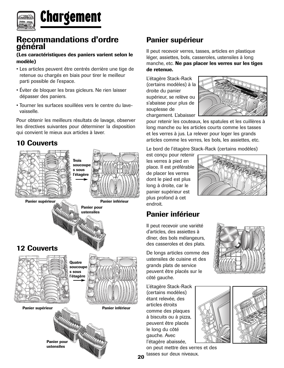 Chargement, Recommandations d’ordre général, 10 couverts 12 couverts panier supérieur | Panier inférieur | Amana ADB-2 User Manual | Page 21 / 48