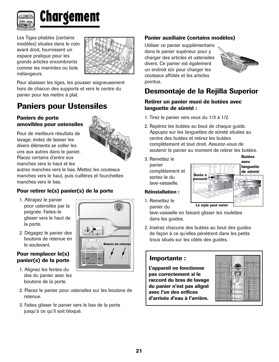 Chargement, Paniers pour ustensiles, Desmontaje de la rejilla superior | Amana ADB-2 User Manual | Page 22 / 48