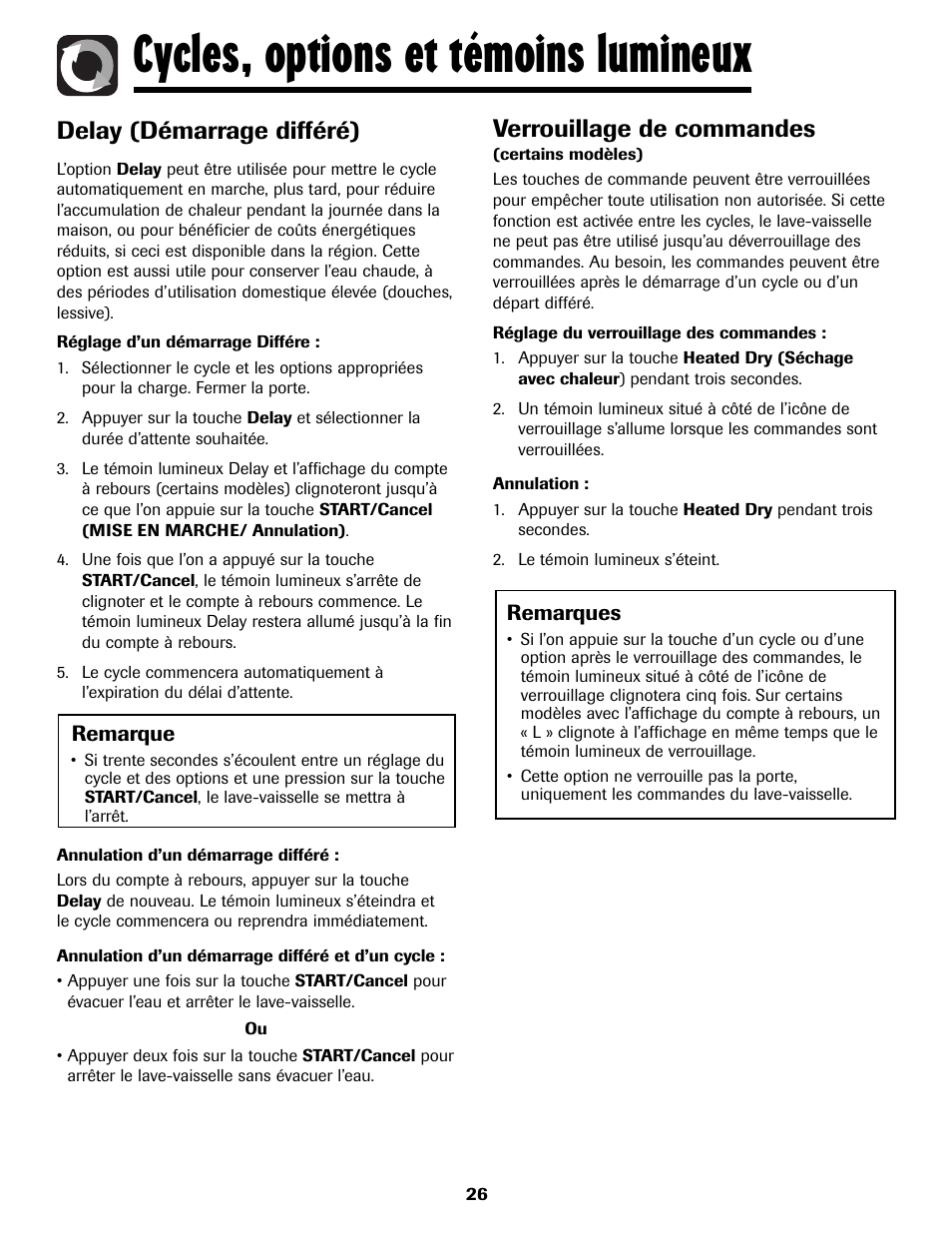 Cycles, options et témoins lumineux, Delay (démarrage différé), Verrouillage de commandes | Amana ADB-2 User Manual | Page 27 / 48