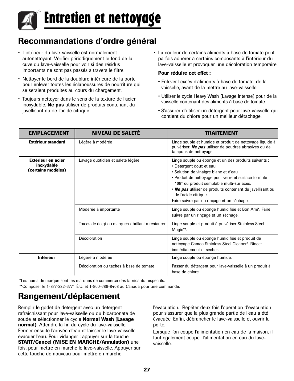Entretien et nettoyage, Rangement/déplacement, Recommandations d’ordre général | Amana ADB-2 User Manual | Page 28 / 48