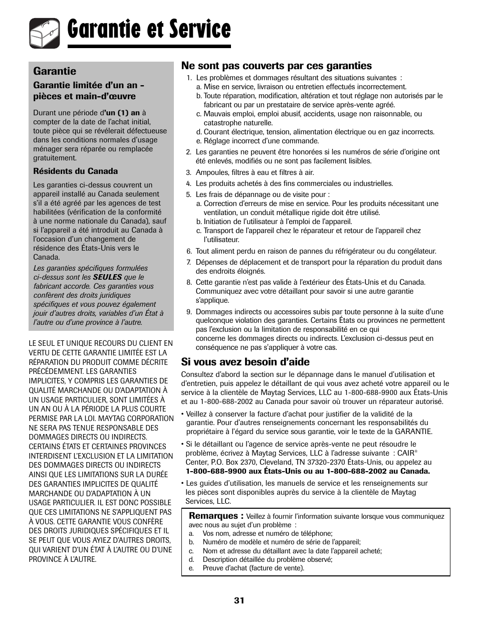 Garantie et service, Garantie, Ne sont pas couverts par ces garanties | Si vous avez besoin d’aide | Amana ADB-2 User Manual | Page 32 / 48