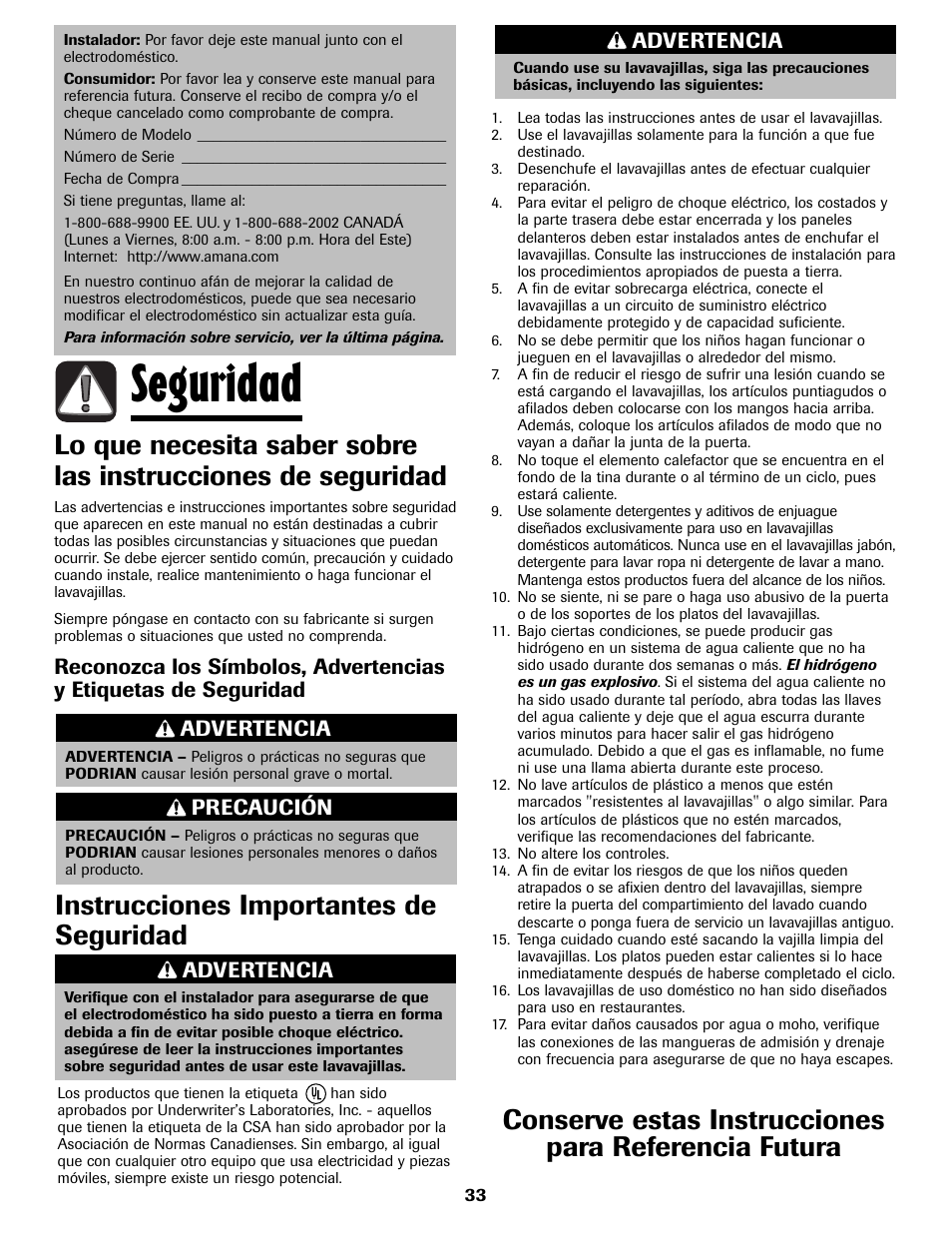 Seguridad, Instrucciones importantes de seguridad, Advertencia | Precaución | Amana ADB-2 User Manual | Page 34 / 48