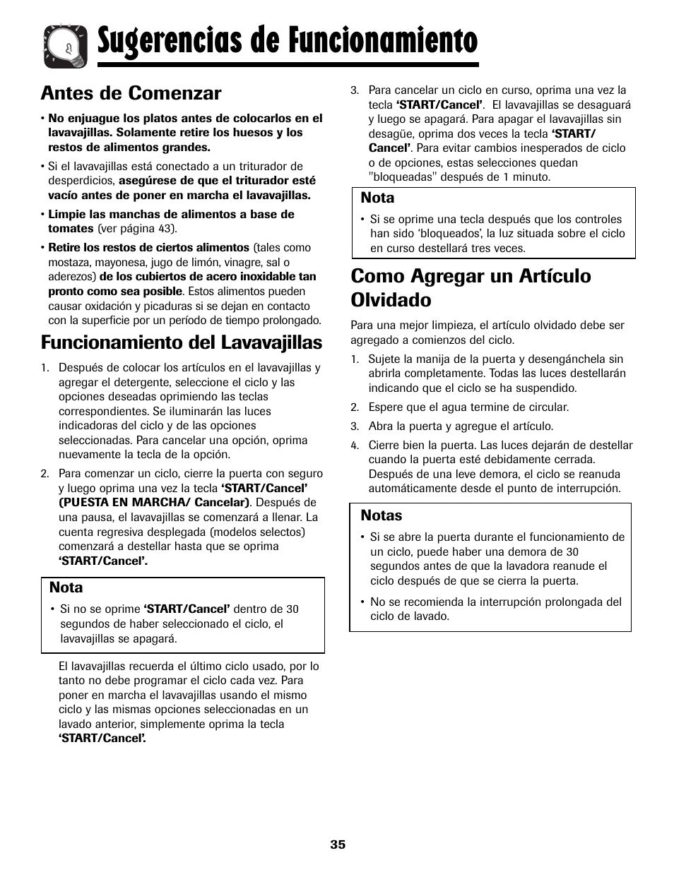 Sugerencias de funcionamiento, Antes de comenzar, Funcionamiento del lavavajillas | Como agregar un artículo olvidado | Amana ADB-2 User Manual | Page 36 / 48