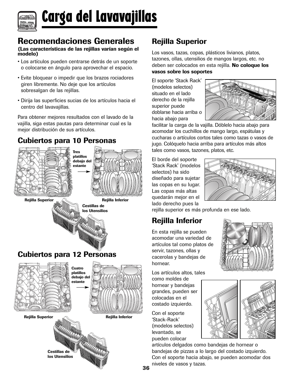 Carga del lavavajillas, Recomendaciones generales, Rejilla inferior | Amana ADB-2 User Manual | Page 37 / 48