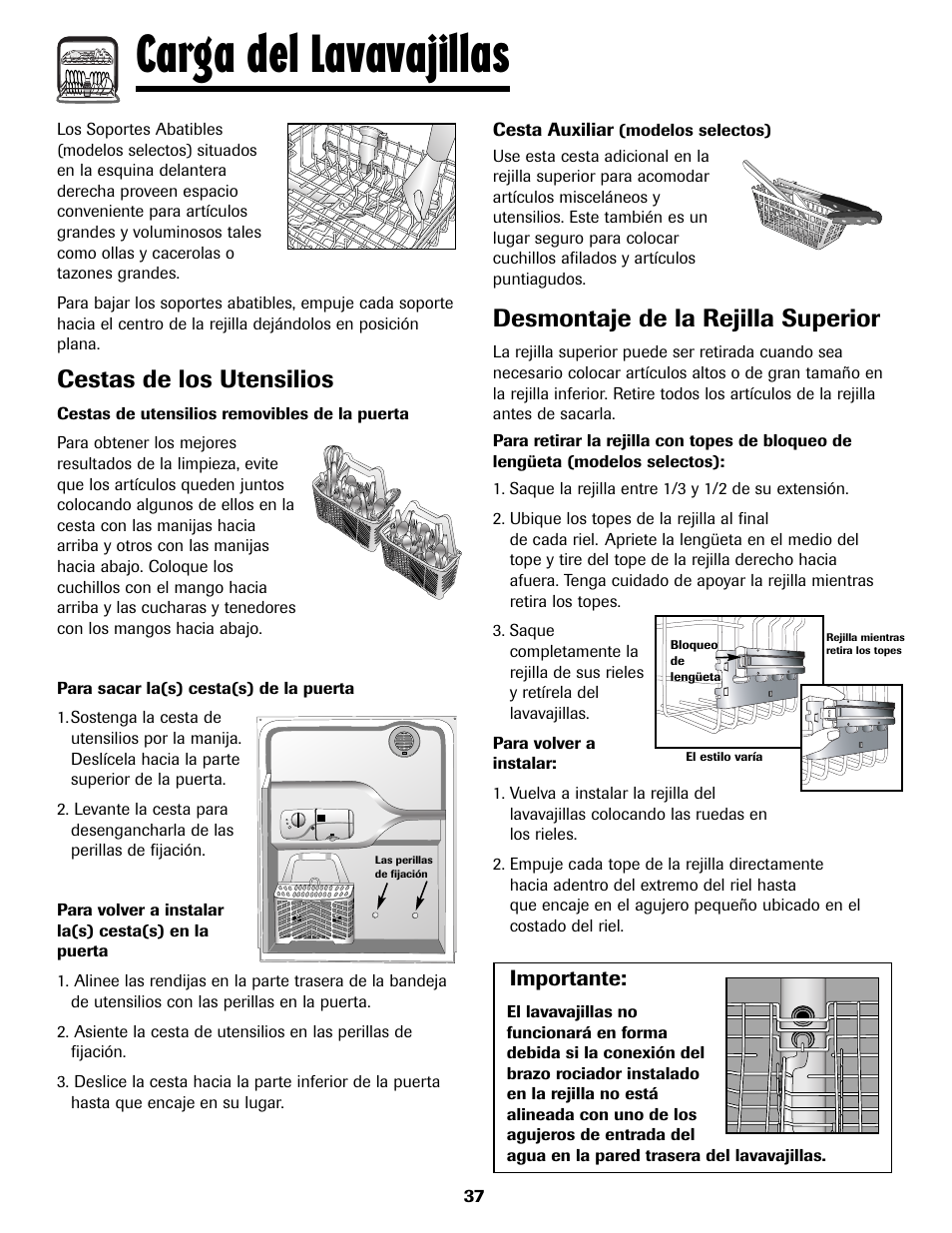 Carga del lavavajillas, Cestas de los utensilios, Desmontaje de la rejilla superior | Amana ADB-2 User Manual | Page 38 / 48