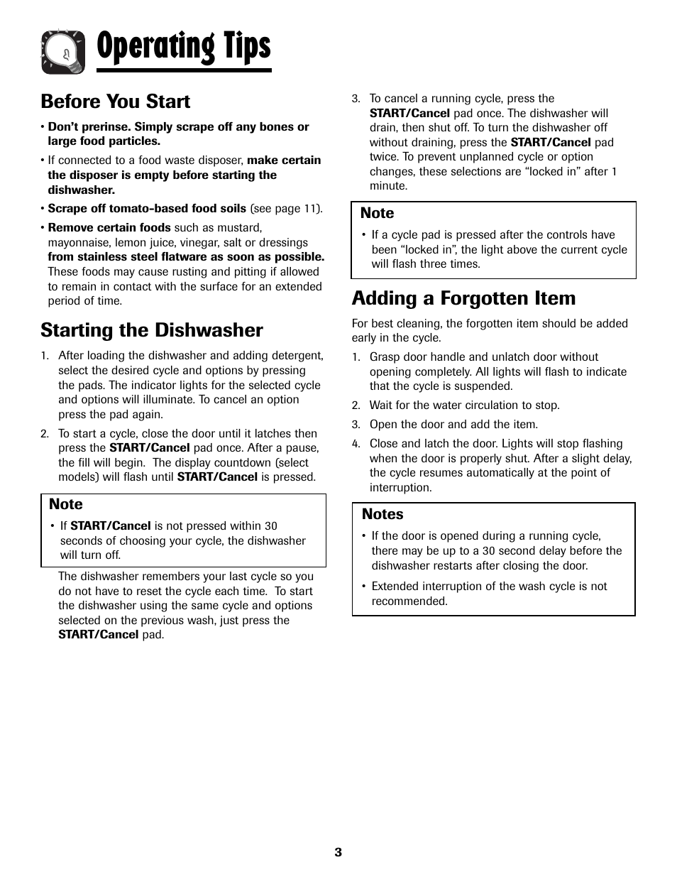 Operating tips, Before you start, Starting the dishwasher | Adding a forgotten item | Amana ADB-2 User Manual | Page 4 / 48