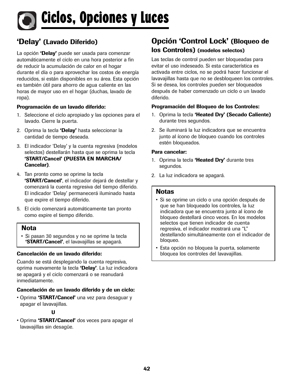 Ciclos, opciones y luces, Delay, Opción ‘control lock | Amana ADB-2 User Manual | Page 43 / 48