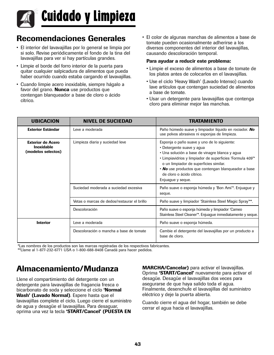 Cuidado y limpieza, Recomendaciones generales, Almacenamiento/mudanza | Amana ADB-2 User Manual | Page 44 / 48