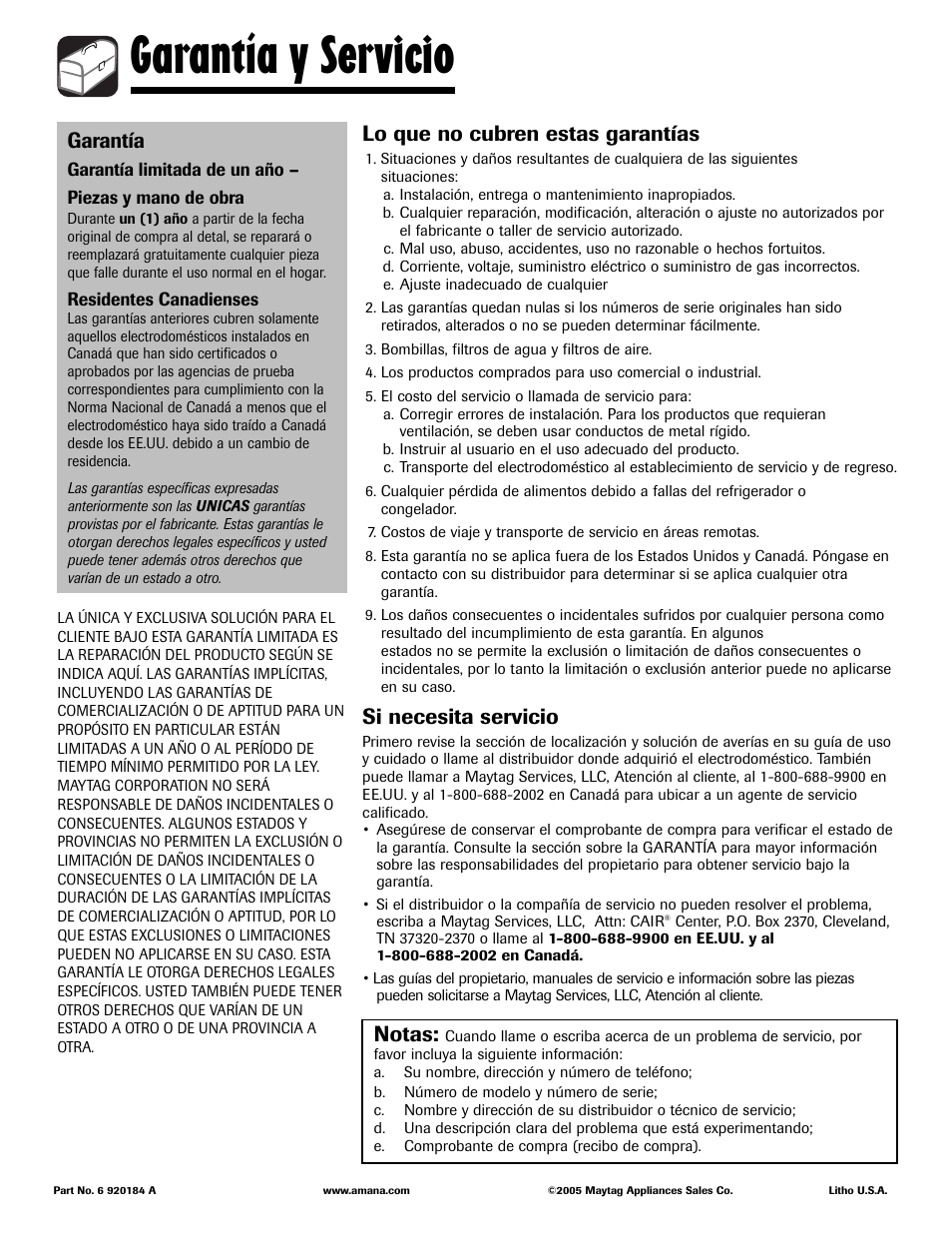 Garantía y servicio, Lo que no cubren estas garantías, Si necesita servicio | Garantía, Notas | Amana ADB-2 User Manual | Page 48 / 48