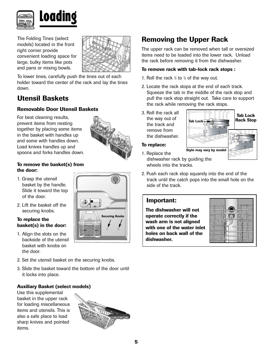 Loading, Utensil baskets, Removing the upper rack | Important | Amana ADB-2 User Manual | Page 6 / 48